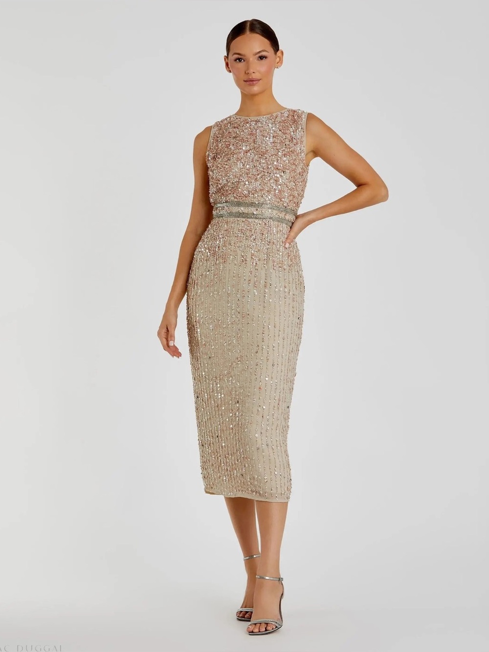 NWT MAC DUGGAL Nude Beaded High Neck Midi Sheath Dress Size 4